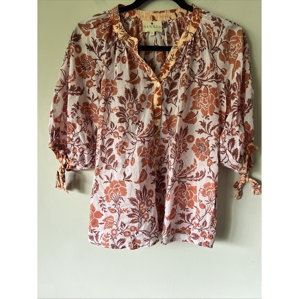 Hannah Artwear Floral Blouse Size 0 XS Cotton Tie Sleeve Button Up Block Print